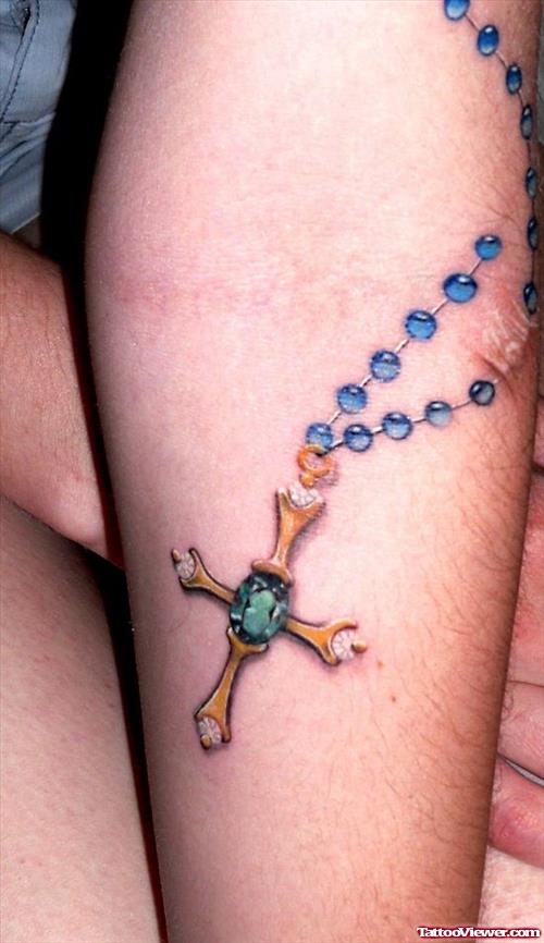 Rosary Cross Tattoo On Left Arm