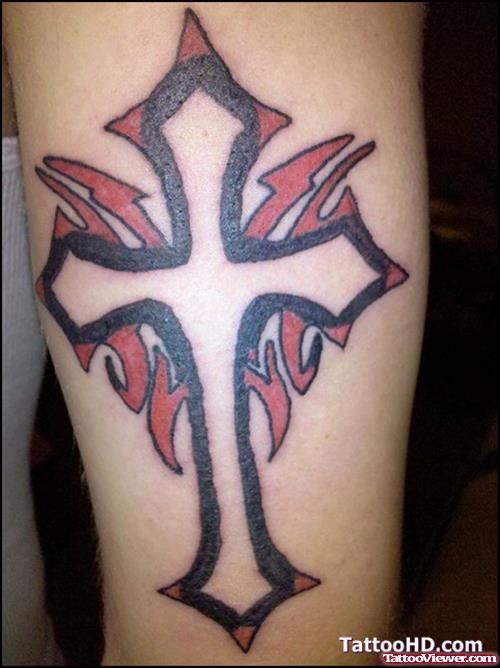 Red Tribal And Cross Tattoo On Half Sleeve