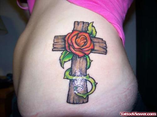 Red Rose Flower And Cross Tattoo On Side