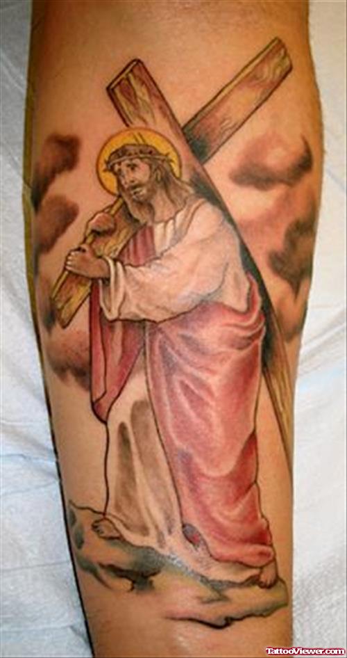 Jesus With Cross On Shoulder Color Ink Tattoo