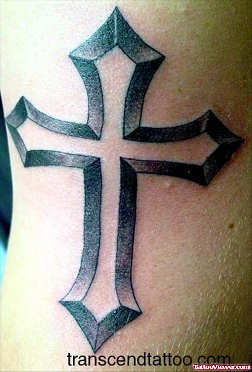 Grey Ink Cross Tattoo On Side Rib