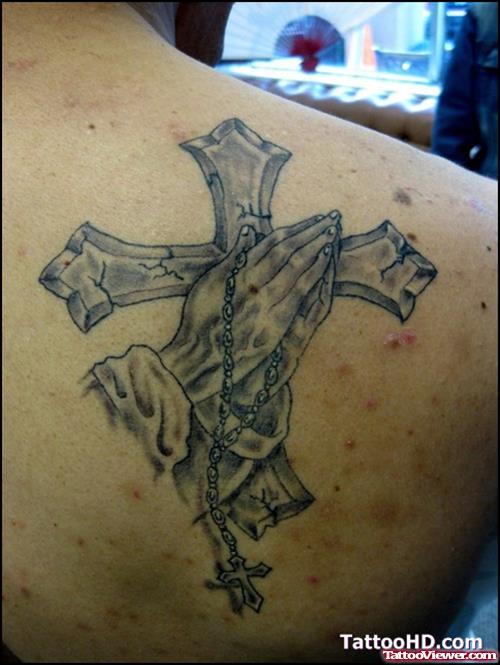 Cross And Praying Hands Tattoo On Right Back Shoulder