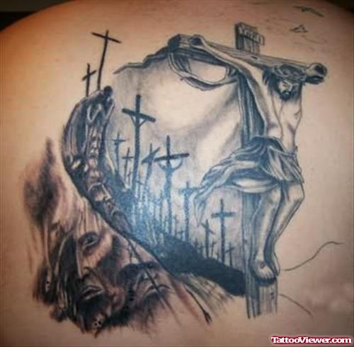 Beautiful Jesus Head And Cross Tattoos On Back