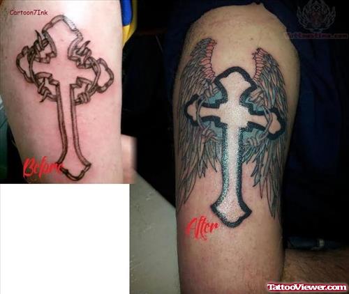 Winged Cross Tattoo On Leg