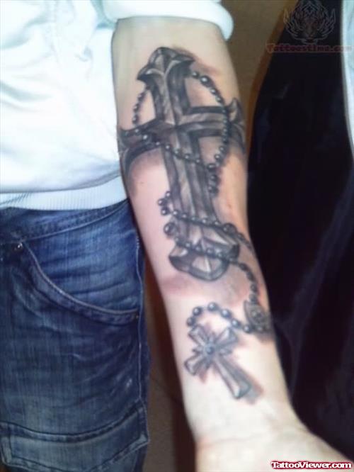 Grey ink Rosary Cross Tattoo On Arm