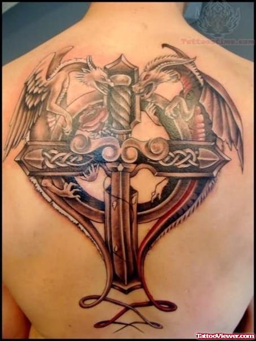 Dragon And Cross Tattoo On Back