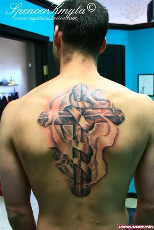 Banner and Cross Flaming Tattoo On Back