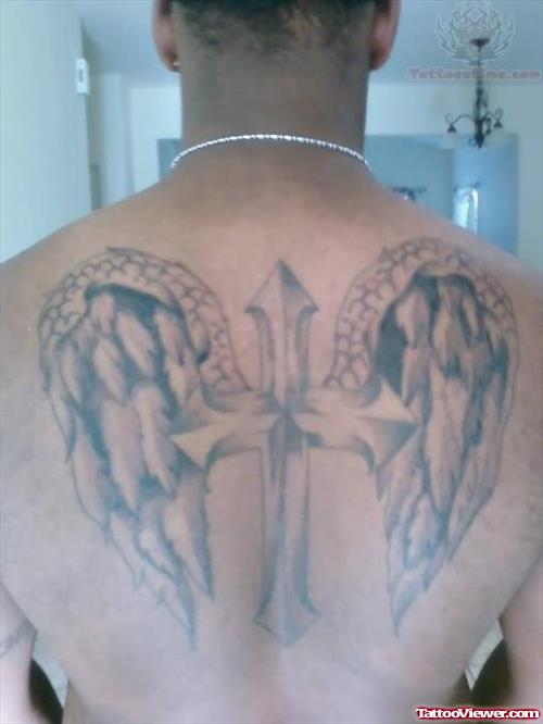Winged Cross Tattoo On Full Back