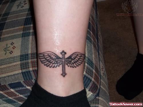 Winged Cross Tattoo On Ankle
