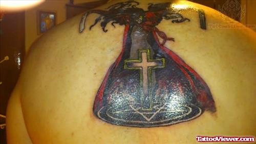 Upperback Cross And Pentagram Tattoo