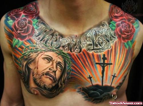This Is Love Jesus And Cross Tattoo On Chest