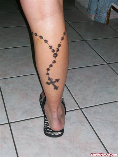 Rosary Cross Tattoo On Back Leg
