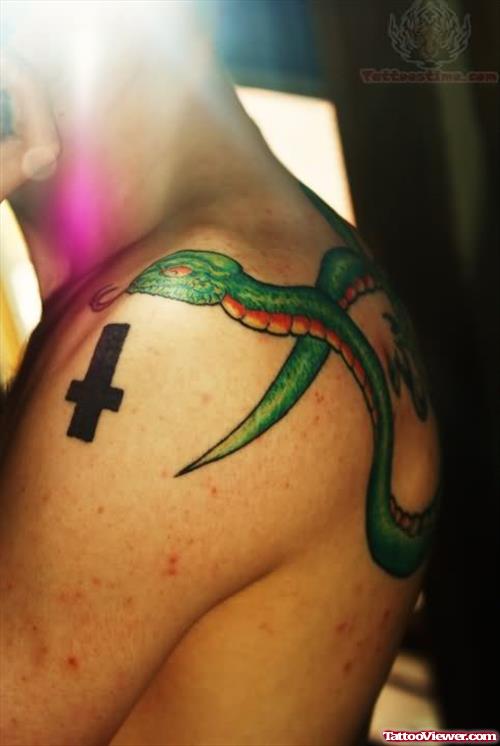 Green Snake And Cross Tattoo On Shoulder