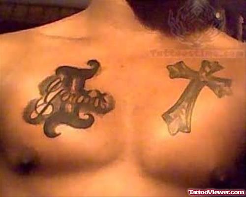 Gemini Zodiac And Cross Tattoo On Chest