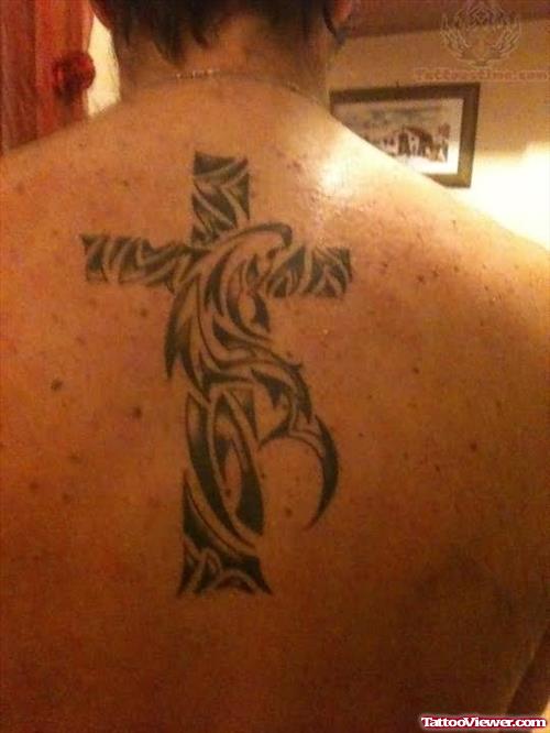 Tribal Cross Tattoo On Men Back