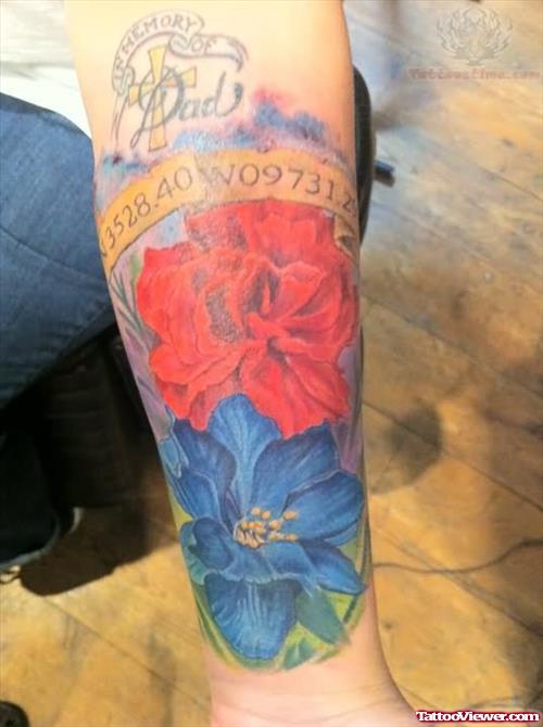 Cross & Red And Blue Flower Tattoo On Wrist