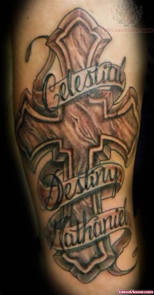 Banner And Cross Grey Ink Tattoo