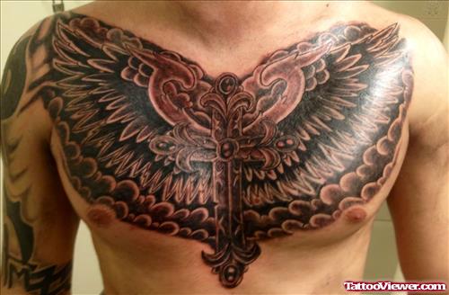 Winged Cross Tattoo On Men Chest