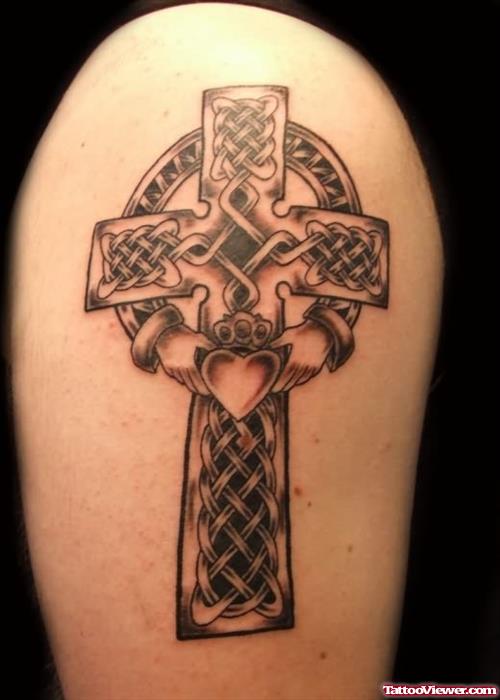 Cross And Heart Tattoo On Shoulder
