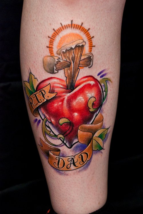 Cross And Red Heart With Dad Banner Tattoo On Leg