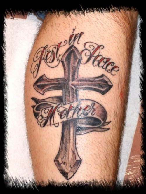 Rest In Peace Cross Mother Banner Tattoo On Leg
