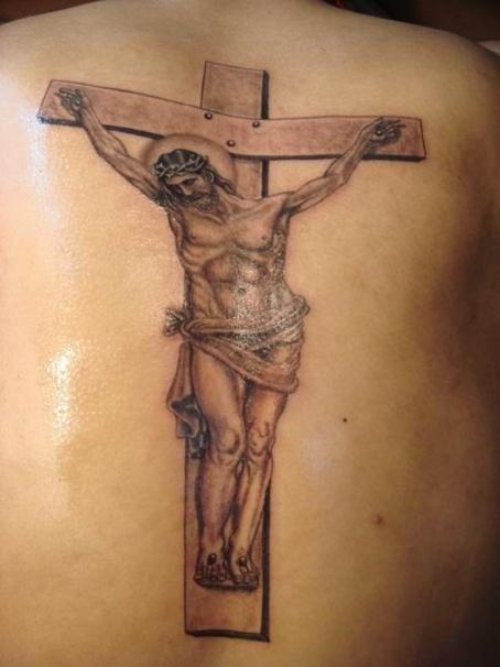 Awesome Grey Ink Cross Jesus Tattoo On Back