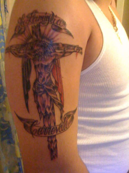 Grey Ink Jesus On Cross Tattoo On Right Half Sleeve