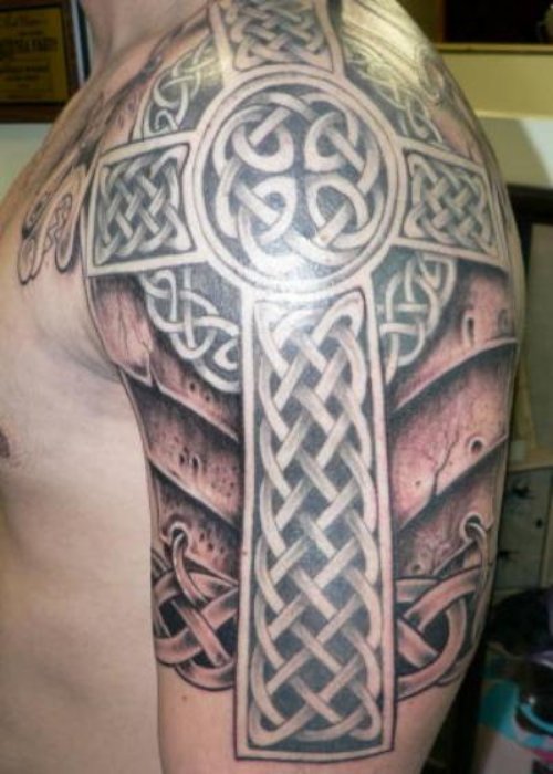 Grey Ink Celtic Cross Tattoo On Left Half Sleeve