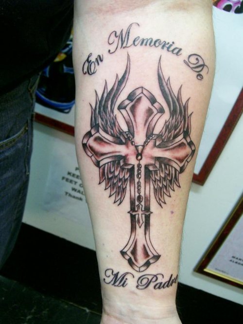 Winged Cross Grey Ink Tattoo On Left Arm