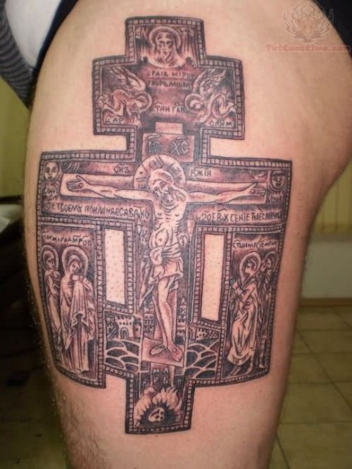 Awesome Jesus Cross Tattoo On Thigh