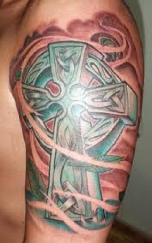 Colored Celtic Cross Tattoo On Left Half Sleeve