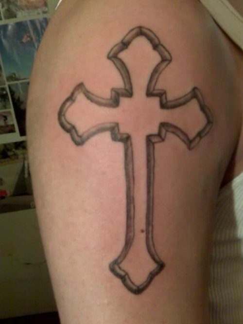 Outline Small Cross Tattoo On Right Shoulder