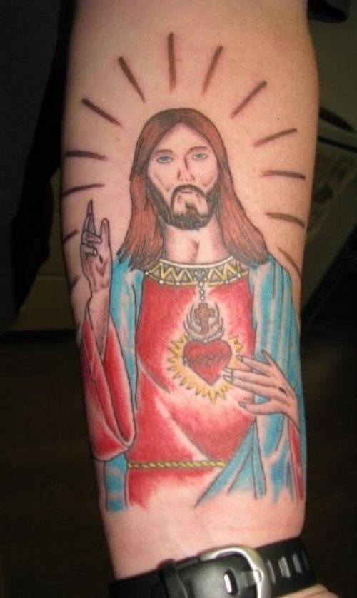 Awesome Colored Ink Jesus With Cross Tattoo On Left Arm