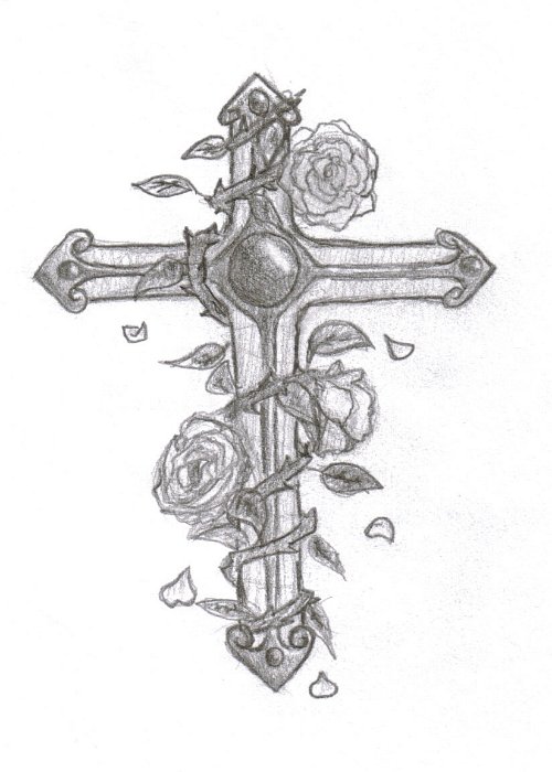 Rose Flowers And Cross Tattoo Design