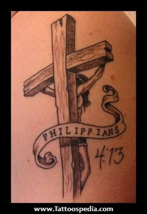 Grey Ink Jesus Cross With Banner Tattoo