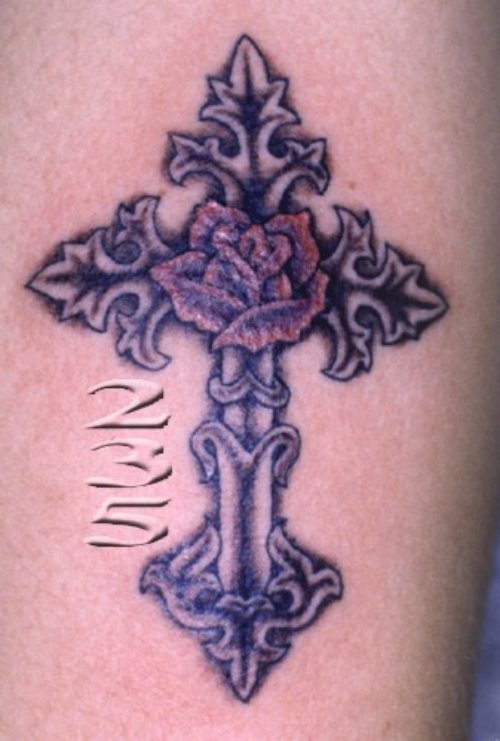 Red Rose And Cross Tattoo