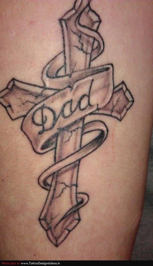 Dad Banner On Cross Grey Ink Tattoo
