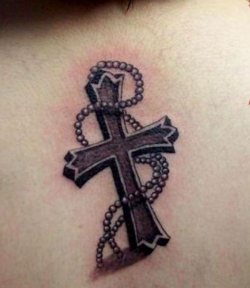 Grey In 3D Rosary Cross Tattoo