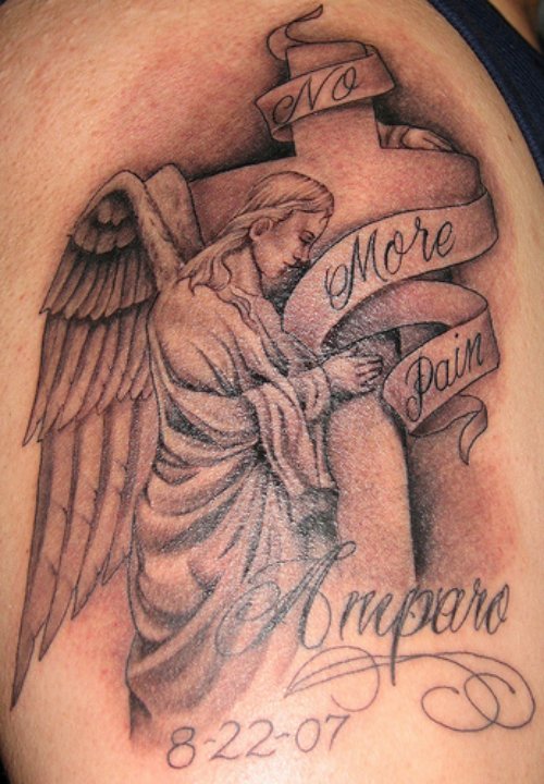 Grey Ink Angel Praying On Cross Tattoo