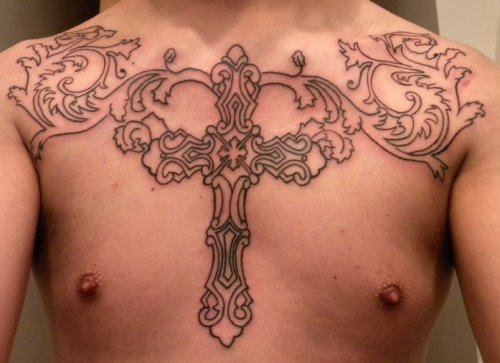 Awesome Cross Tattoo On Man Chest