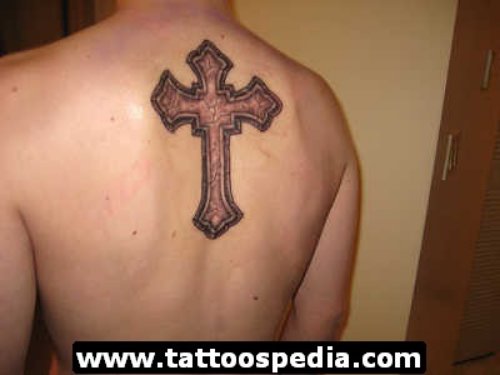 Grey Ink Cross Tattoo On Man Upperback