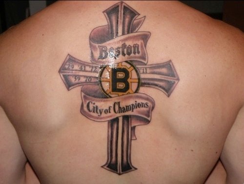 Beston City Of Champion Banner On Cross Tattoo On Back