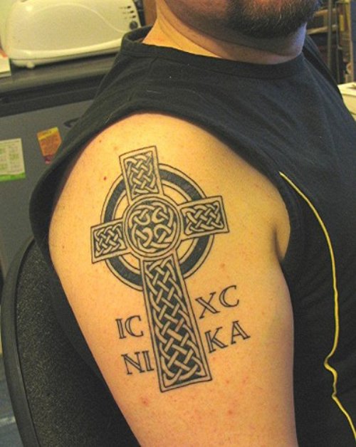 Awesome Celtic Cross Tattoo On Right Half Sleeve