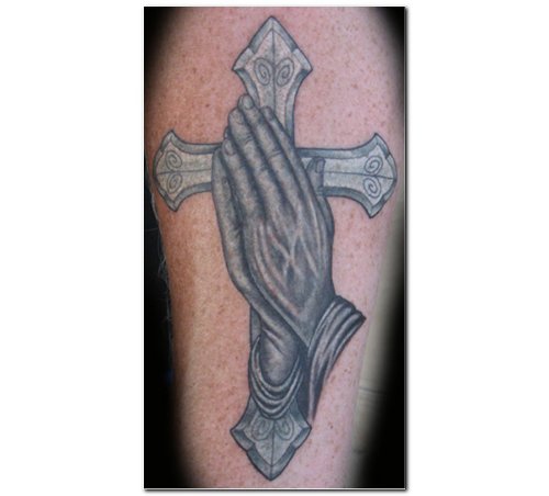 Grey Ink Cross Praying Hands Tattoo On sleeve