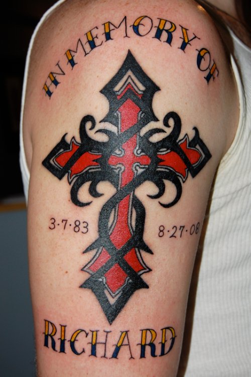 Black Tribal And Red Cross Tattoo On Half Sleeve