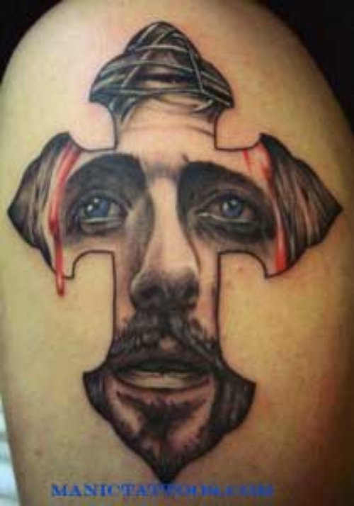 Jesus Head Cross Grey Ink Tattoo