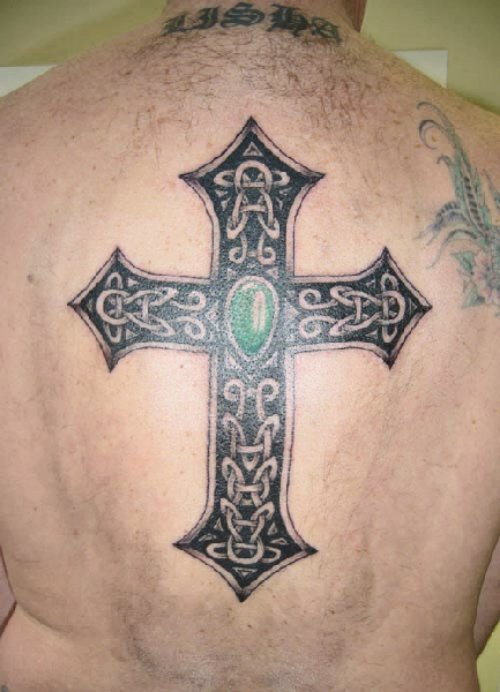 Black Ink Celtic Cross Tattoo On Back