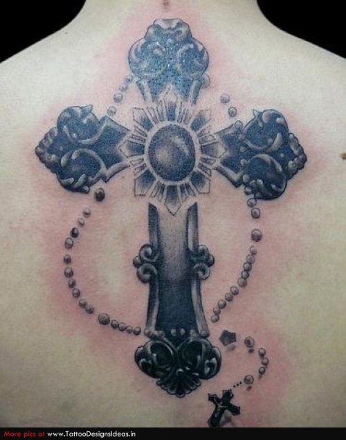 Grey Ink Large Cross Tattoo On Back