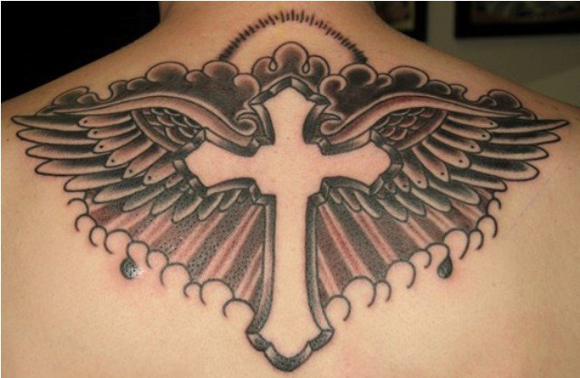 Awesome Grey Ink Angel Winged Cross Tattoo On Upperback