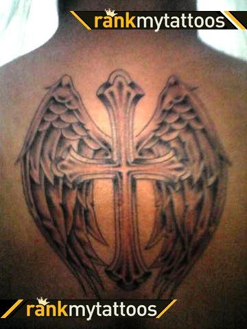 Grey Ink Angel Winged Cross Tattoo On Back